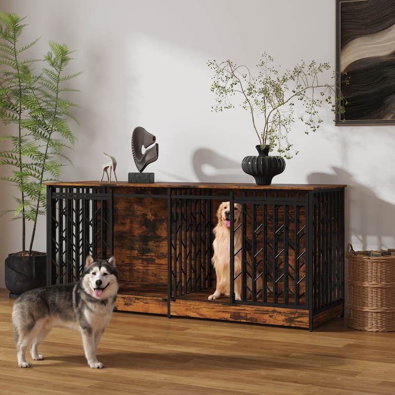 Large Double Dog Crate Furniture for Medium and Large Dogs, Rustic Industrial Dog Kennel End Table