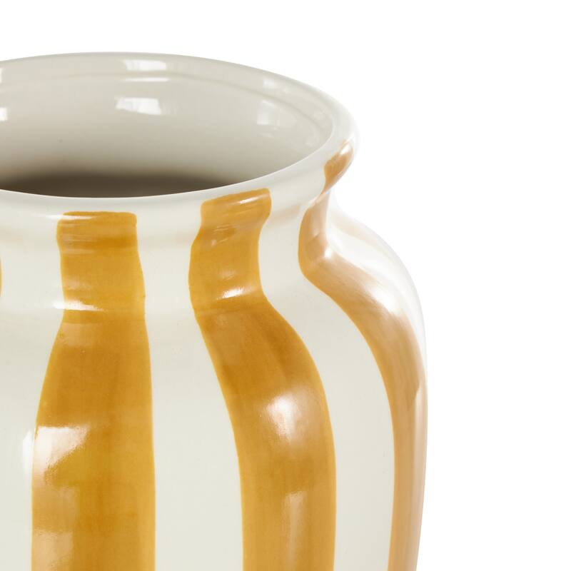 White Ceramic Round Wide Decorative Vase with Yellow or Teal Vertical Stripes