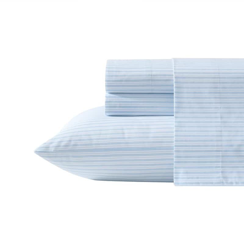 Laura Ashley Soft & Breathable Cotton Percale Deep-Pocket Sheet Set - Twin - Bedford Skinny Stripe Blue