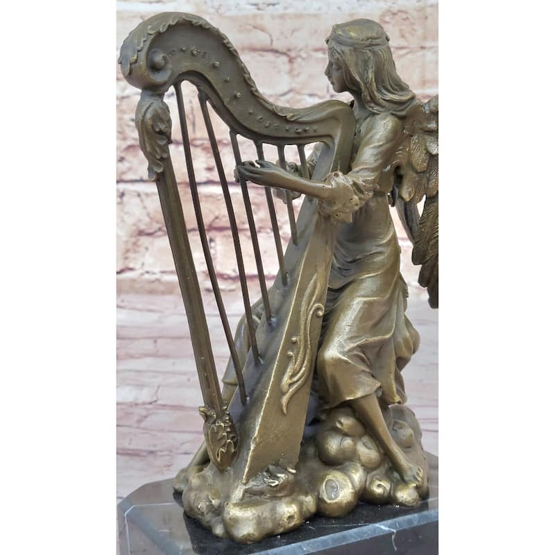 Winged Female Angel Playing Heavenly Harp - Bronze Memorial Sculpture Statue