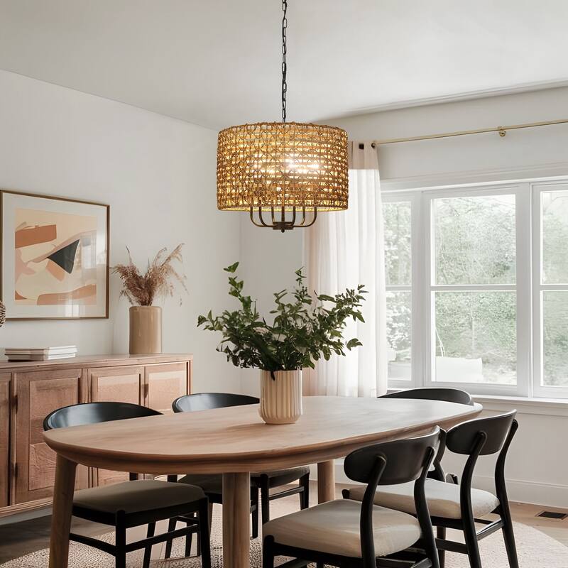 6-Light Boho Handwoven Rattan with Candle Chandelier