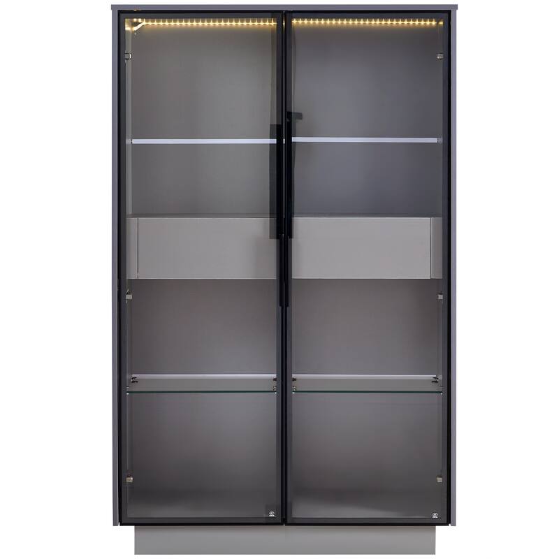 60.6"Tall Display Cabinet with Tempered Glass Door, LED Lighting, Two Drawers