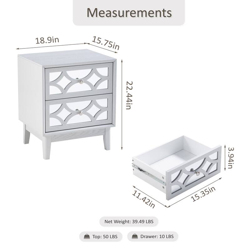 COZAYH Contemporary 2-Drawer Nightstand with Mirror Fronts, Elegant Geometric Design Bedside Table for Bedroom