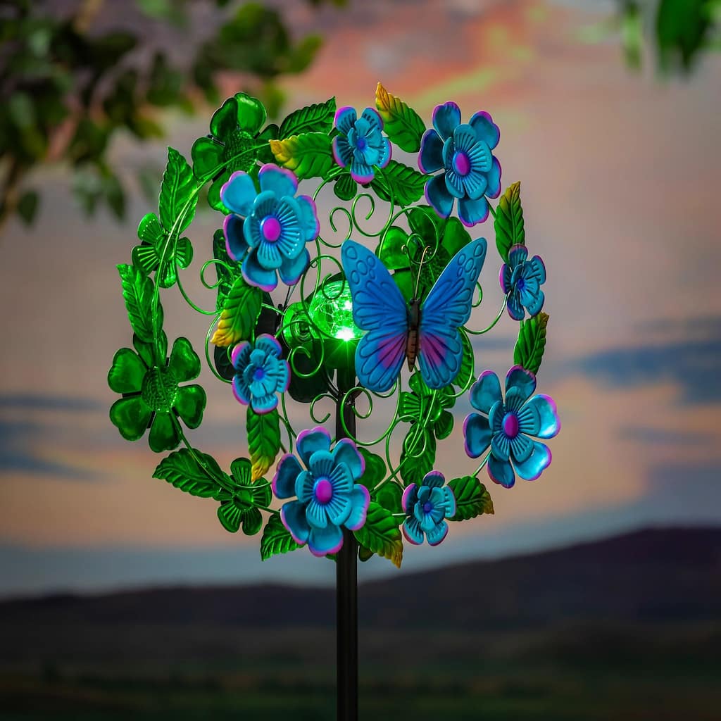 74 in. Blueflower & Butterfly Solar Metal Wind Spinner