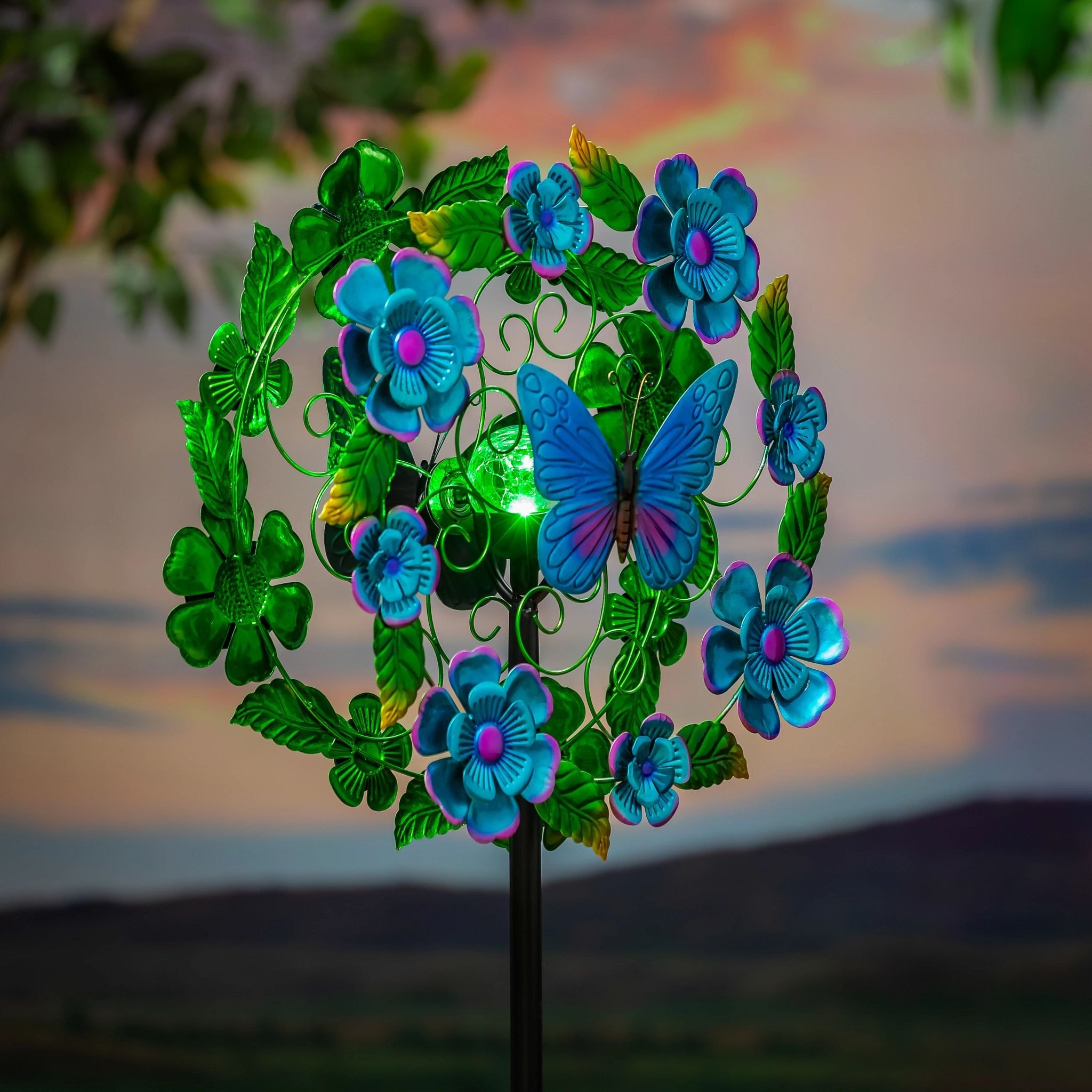 74 in. Blueflower & Butterfly Solar Metal Wind Spinner
