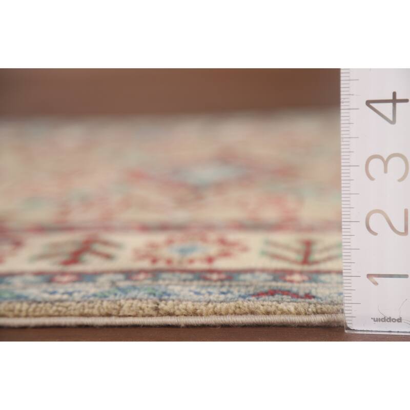 Hand Knotted Oriental 100% Wool Carpet Traditional Geometric Beige & Ivories Kazak Runner Rug - 12' 9'' X 2' 9''