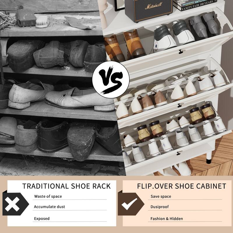 Freestanding Narrow Shoe Storage Cabinet with 3 Flip Doors, Slim Entryway Shoe Rack Organizer for Small Spaces