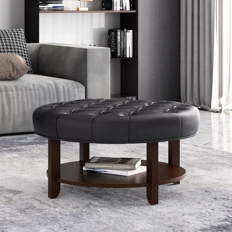 Rumbrook Faux Leather and Rubberwood Round Ottoman with Open Shelf by Christopher Knight Home - Espresso/ Midnight