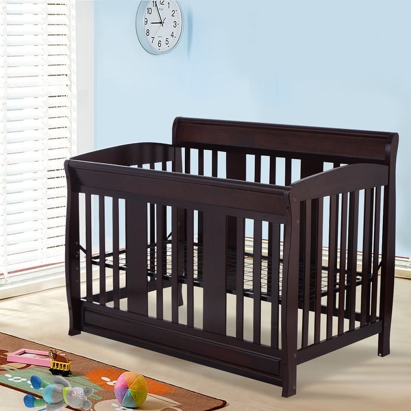 Costway Coffee Pine Wood Baby Toddler Bed Convertible Crib Nursery