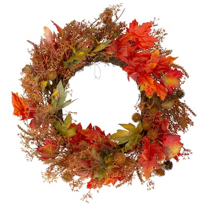 24" Autumn Harvest Maple Leaf with Berries Artificial Wreath; Unlit