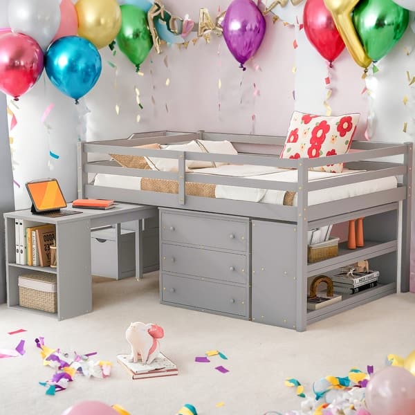 slide 2 of 9, Full Size Loft Bed With Desk,3 Drawers,Storage Stairs and Shelves Grey
