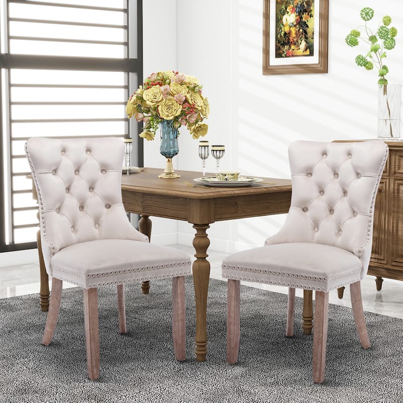 Set of 2 Hollywood Glam Velvet Dining Chairs – Tufted Back with Nailhead Trim and Ring Pull, Modern Accent Side Chairs