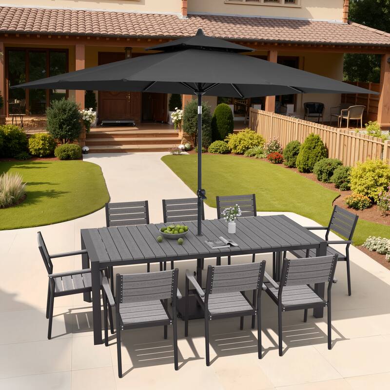 9/11-Piece Patio Dining Set Aluminum Dining Table and Chairs w/10 ft Market Umbrella and Base with Wheels - Set of 11 - Grey Table with Black Umbrella