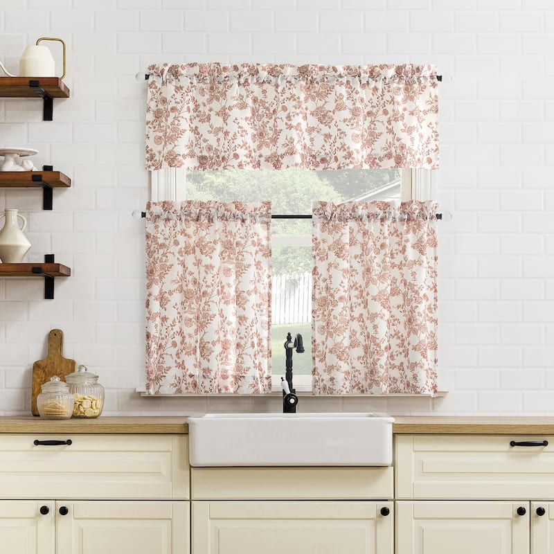 No. 918 Elara Tonal Botanical Semi-Sheer Rod Pocket 1-Piece Kitchen Curtain Valance