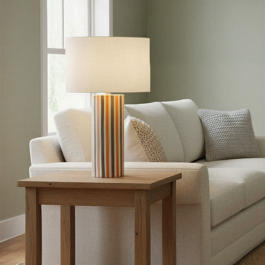 Stripe Stoneware Table Lamp with Linen Shade