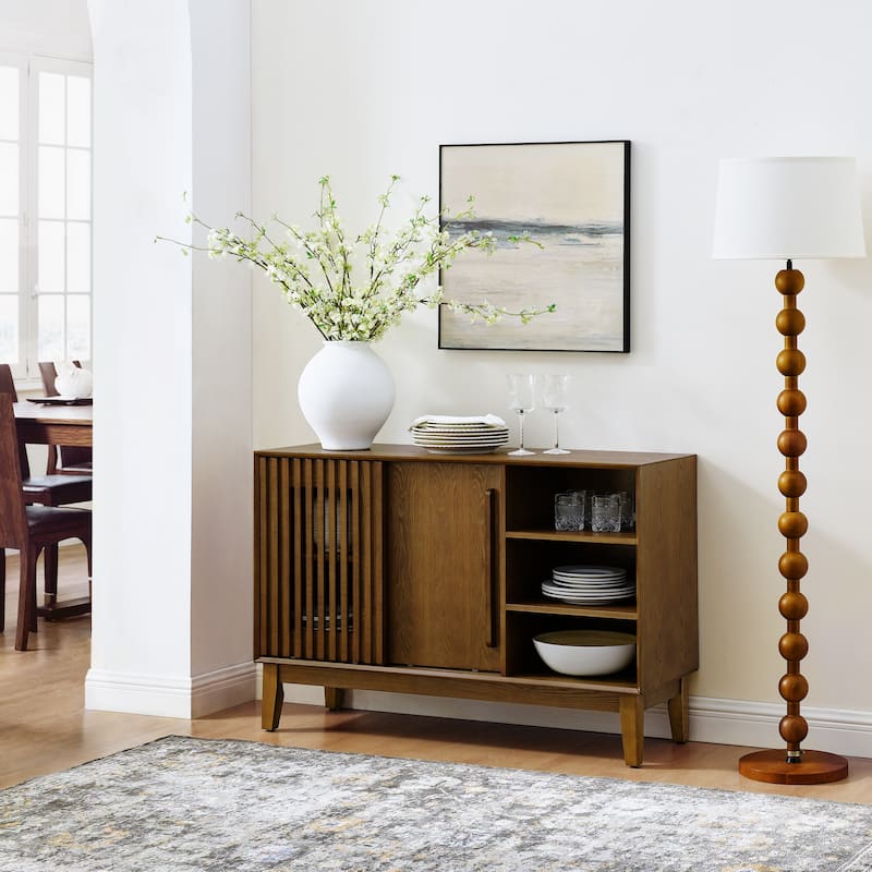 47.3" Farmhouse TV Stands with Open Storage Shelves, Vintage Fluted Sideboard with 2 Doors & Solid Wood Feet, TV Media Console