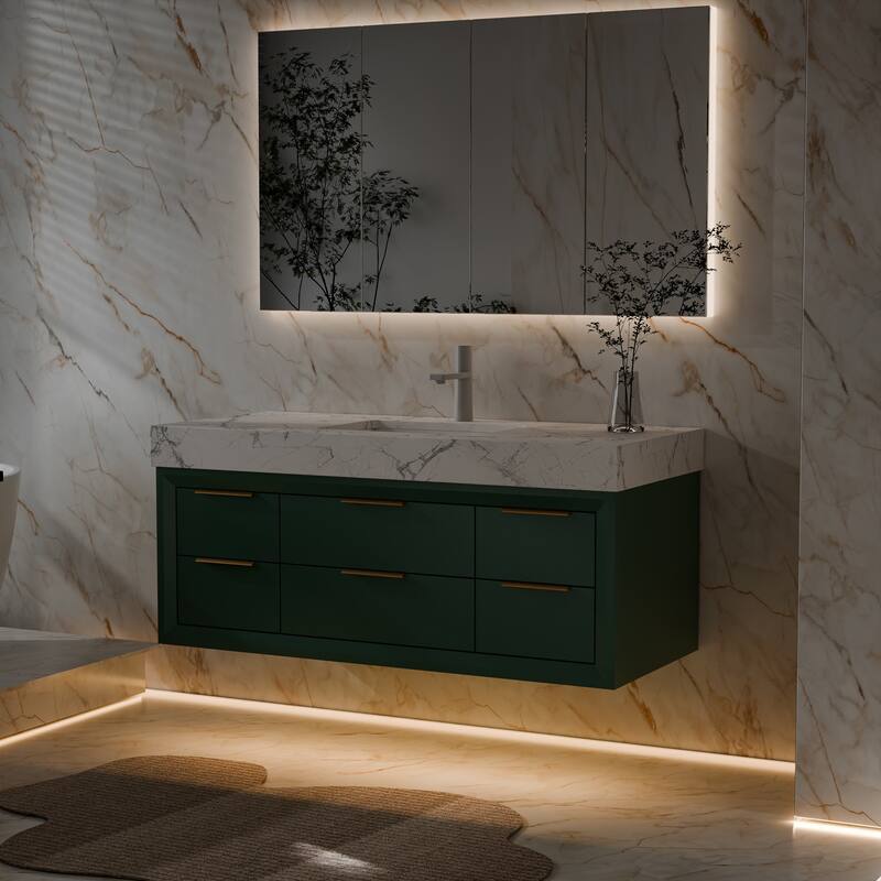 Modland 48" Modern Floating Bathroom Vanity with Single Sink, Soft-Close Drawers, White Stone Countertop