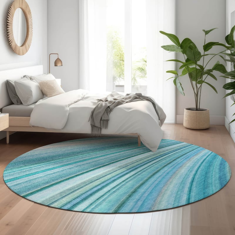 Premium Washable Super Soft Striped Abstract Mayfield Rug - Teal - 8' x 8' - Round