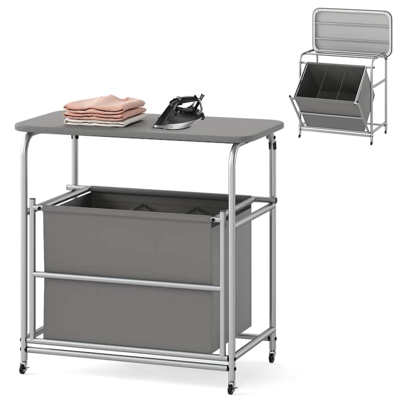 Grey 3 Section Rolling Laundry Hamper with Metal Frame and Ironing Board Lockable Wheels - 34" x 18.5" x 33"