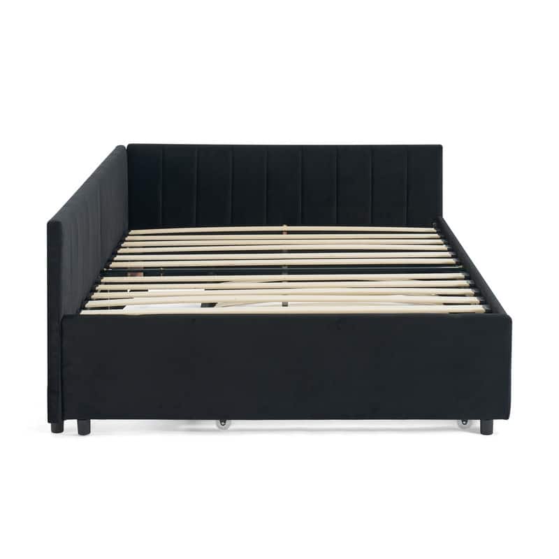 Luxury Full-Size Tufted Daybed with Trundle‌ – Upholstered Velvet Sofa Bed with Supportive Backrest & Armrests (Elegant Black).