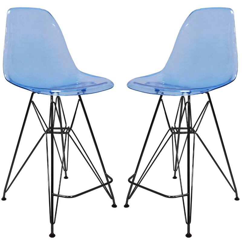 Cresco Acrylic Barstool in Brushed Black Steel Base with Ergonomic Seat, Footrest, & Floor Pads for Kitchen or Home Bar Set of 2 - Transparent Blue