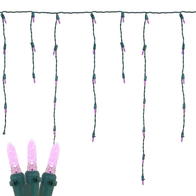 M5 Christmas LED Icicle Light Set, Green Wire, 15' Long, 150 Light - Pink