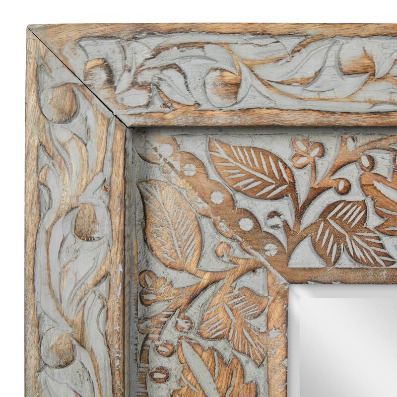 Gray Wood Handmade Intricately Carved Floral Room Wall Mirror