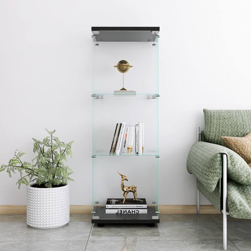 Glass Display Cabinet with 3 Shelves, One-Door Curio Cabinets for Living Room