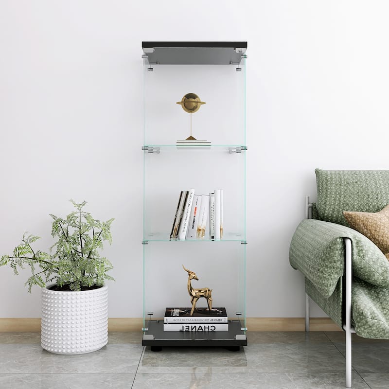 One-Door Glass Display Cabinet with 3 Shelves, Floor Standing Curio Bookshelf with Tempered Glass for Living Room Bedroom Office