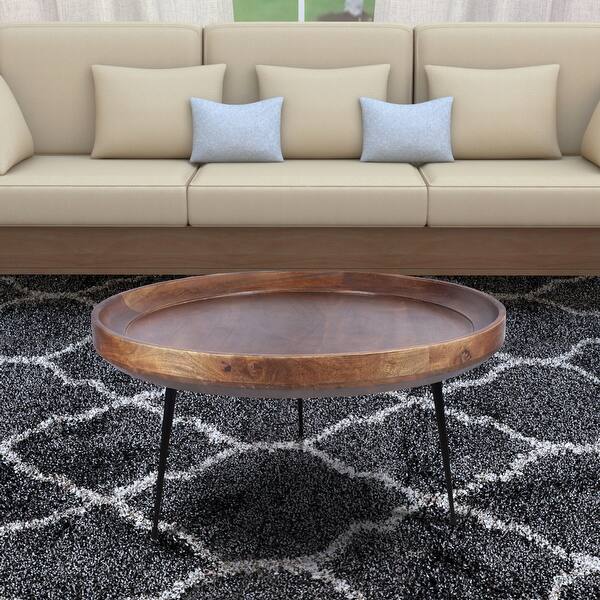 Round Mango Wood Coffee Table With Splayed Metal Legs, Brown and Black