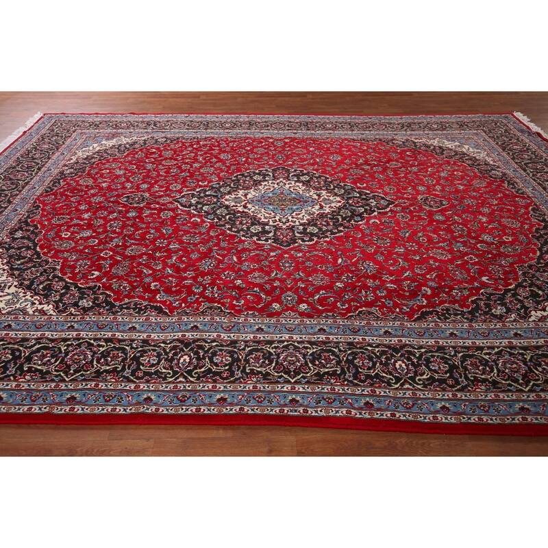 Traditional / Floral Red Kashan Turkish Rug Machine-Made Carpet - 9'7" x 12'11"