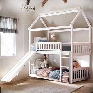 Modren Twin Over Twin Bunk Bed House Bed With Slide,Solid Construction for Bedroom