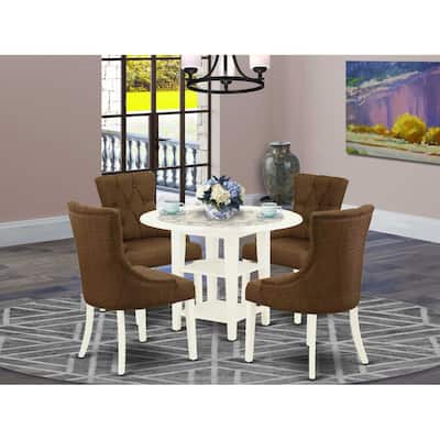 HomeStock 5-Pc Linen White Finish Solid Wood Top - Round Dining Room Set with Dropleaf - Seats 4