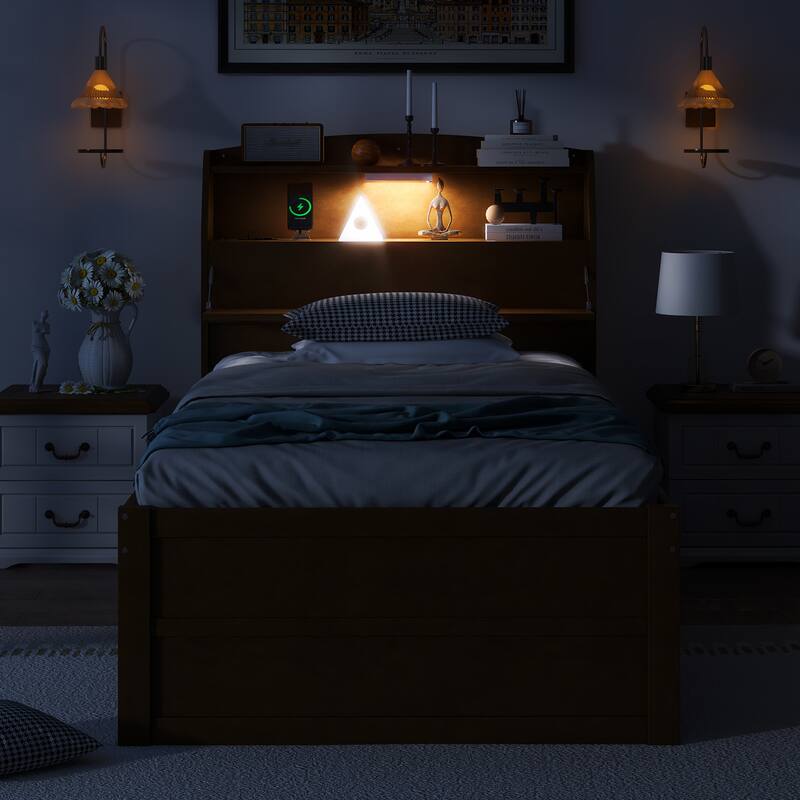 Twin Size Wooden LED Bed with Trundle and Storage Headboard