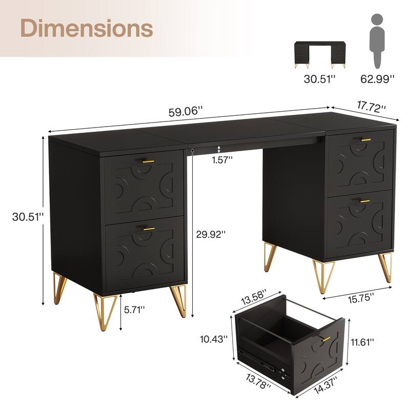White Computer Desk with File Drawers, 59'' Modern Home Office Desk