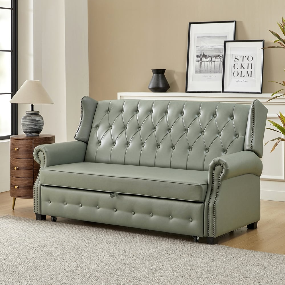 Ruedi Transitional 73.6" Vegan Leather Sofa Bed with Tufted Back and Nailhead by HULALA HOME