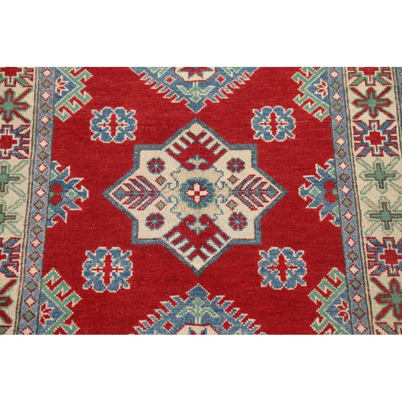 Red Kazak Oriental Accent Rug Hand-Knotted Geometric Wool Carpet - 3'4" x 4'11"