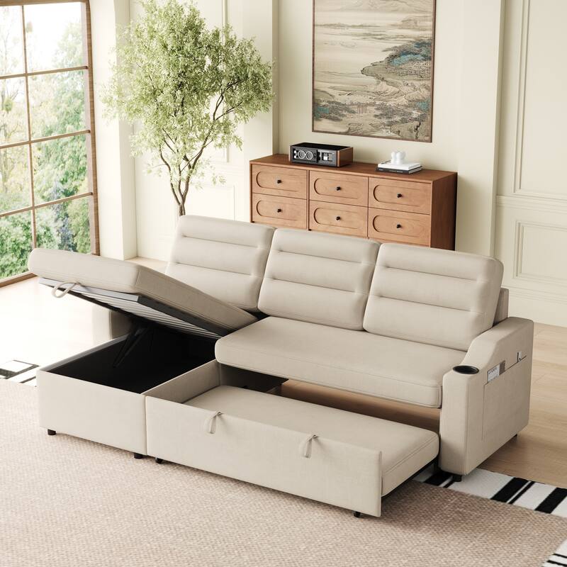 83.5-Inch Convertible Sofa Bed - Stylish Polyester Recliner with Storage for Small Spaces