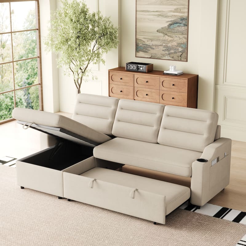 Multi-Position Sofa Bed with Pull-Out Sleeper, Chaise, and Storage for Living Room