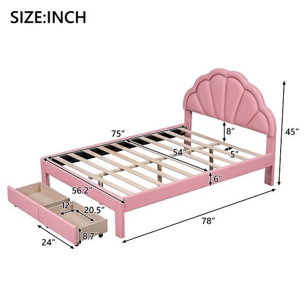 dimension image slide 0 of 2, Chic Full Size LED Bed with Seashell Headboard and Dual Storage Drawers, White/Pink