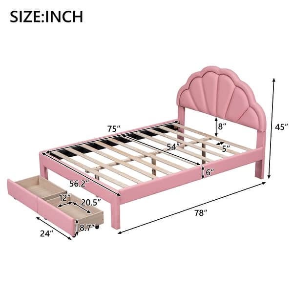 dimension image slide 3 of 4, Seashell-Shaped Platform Bed Frame with 2 Drawers & LED