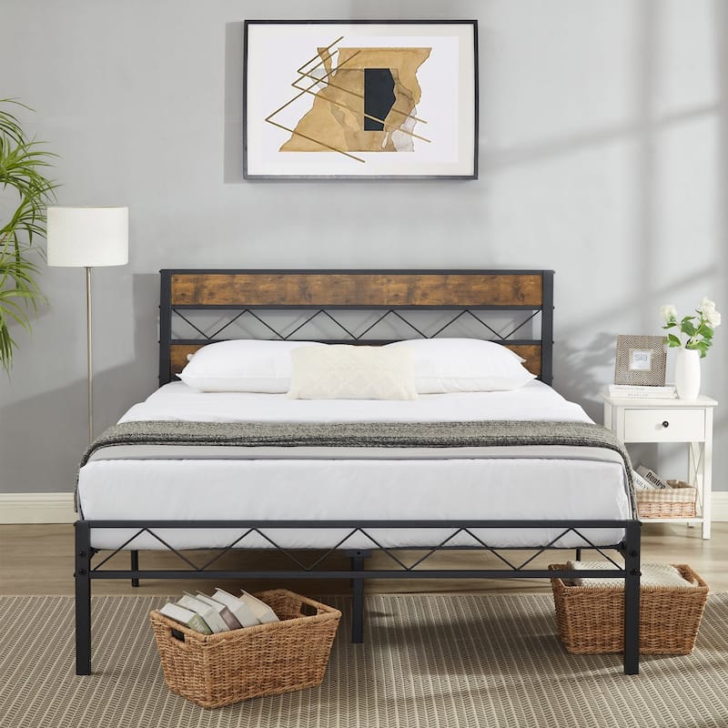 VECELO Retro Platform Bed Frame Wood Headboard, Twin/Full/Queen Size Beds