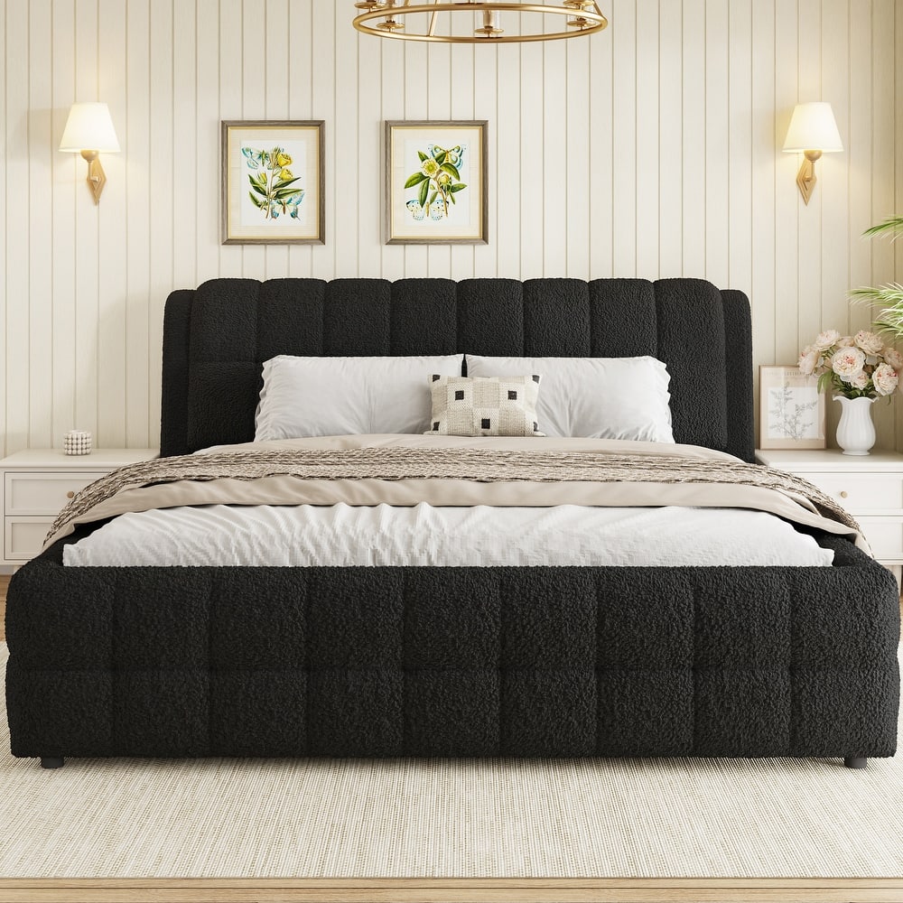 Modern Upholstered Platform Bed Frame Grounded Bed Frame with Striped Headboard/Wood Slats Support/No Box Spring/Easy Assembly