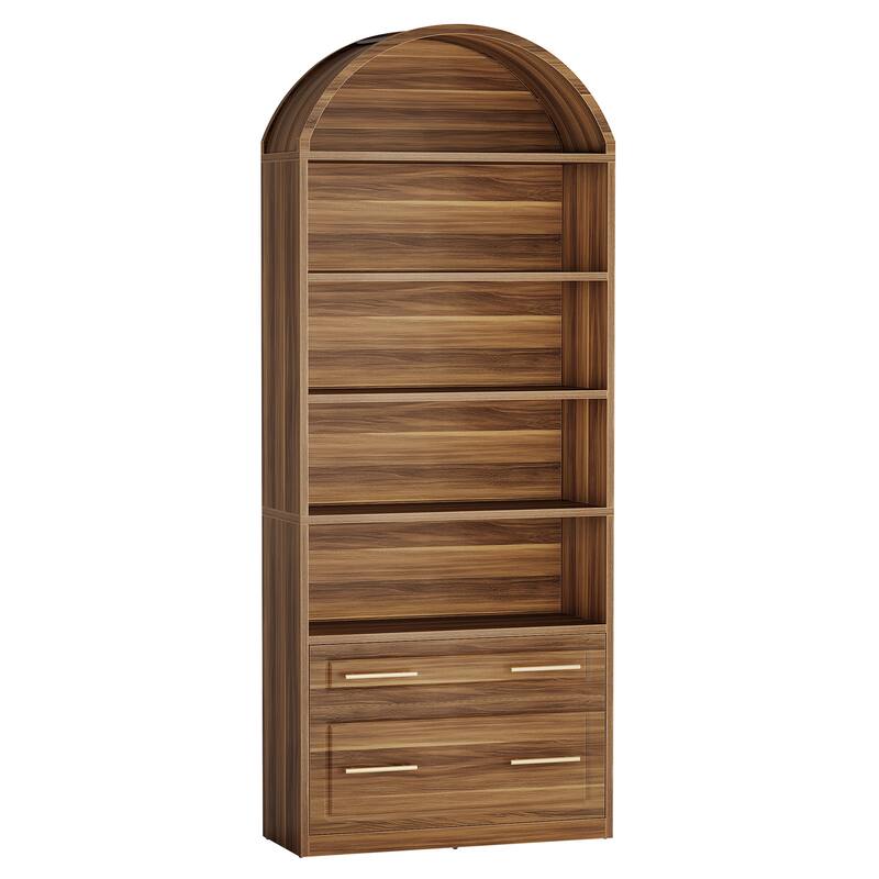76.8" Tall Arched Bookcase, 5-Tier Modern Bookshelf with File Cabinet Drawer