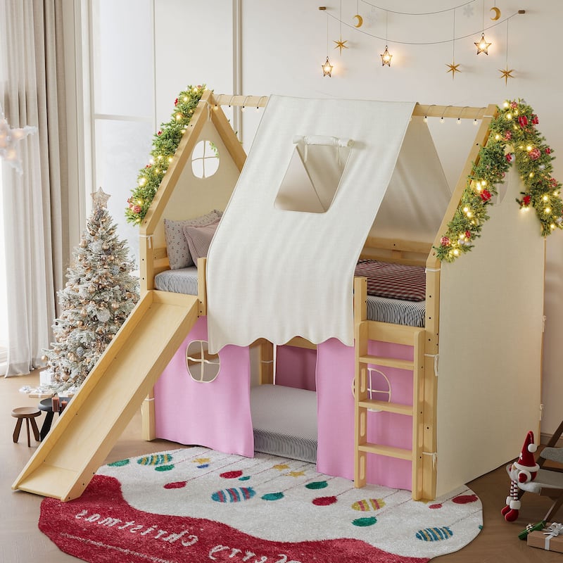Fairytale Loft Bed Wooden House Bed with Tents, Light Strip and Slide