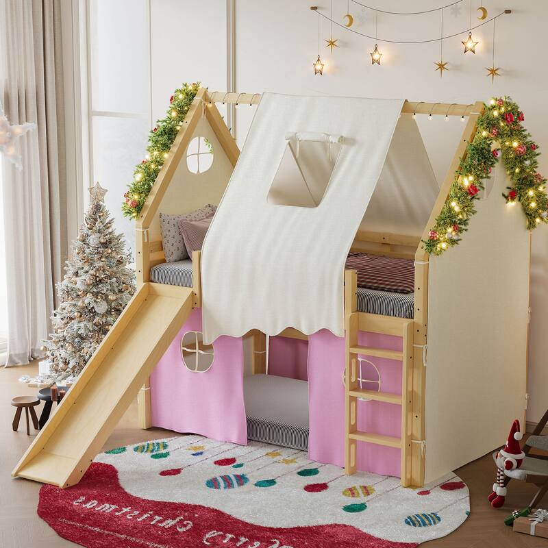 Roomfitters House Loft Bed with Slide and Tent, Solid Wood Frame with Lights