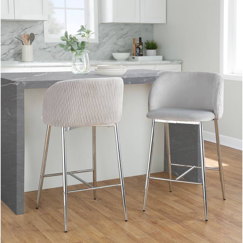 Lumisource Waves Counter Stool in Chrome and Silver Velvet - Set of 2 - 21"Lx19.75"Wx36"H