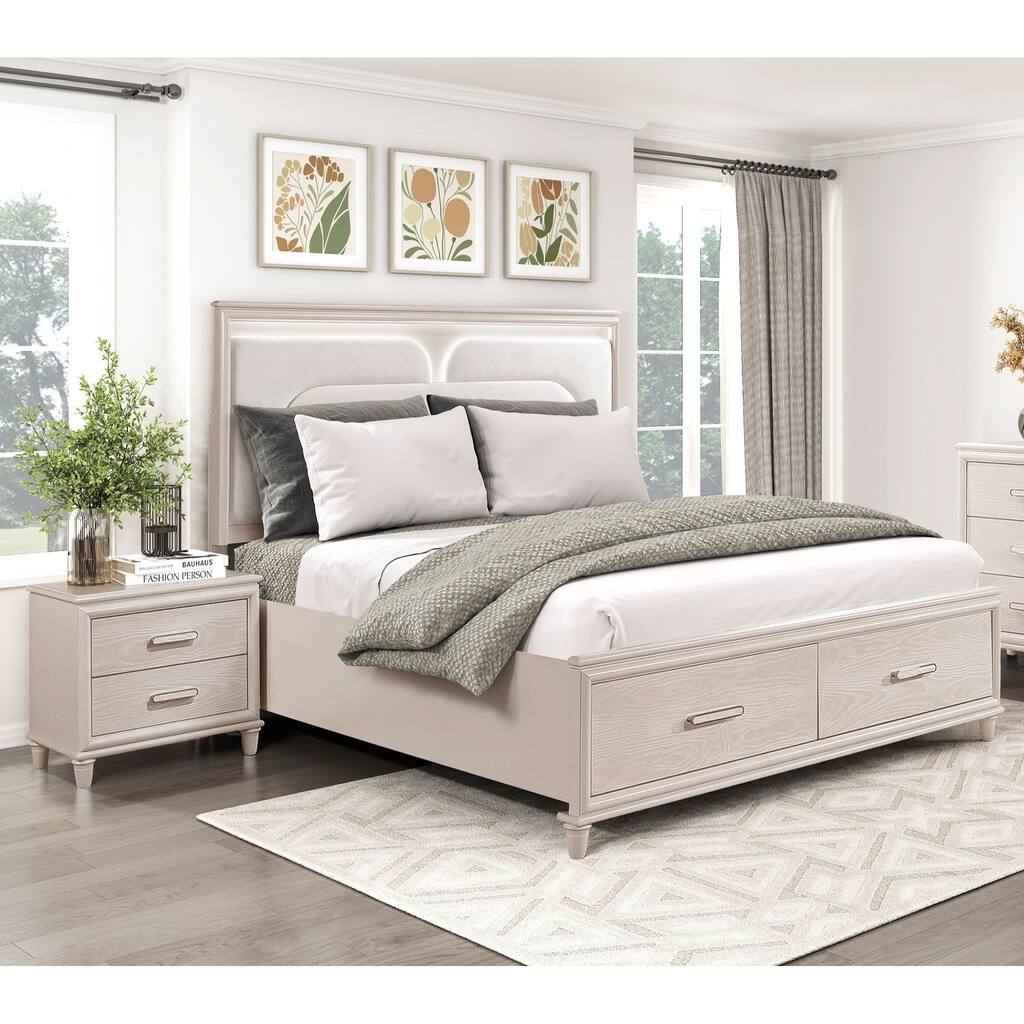 LED Light Bed and 2x Nightstand Glam Style 3 Piece Bedroom Set