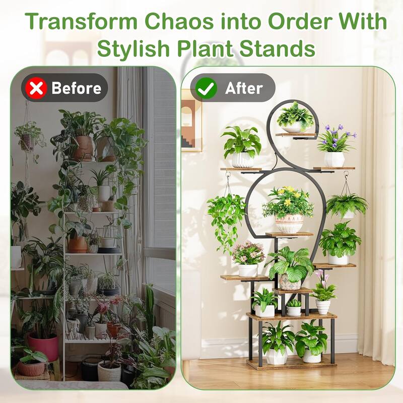 63" 9-Tier Indoor Plant Stand with Integrated Grow Lights – Tall Metal Shelving Unit for Multiple Plants in Living Room.