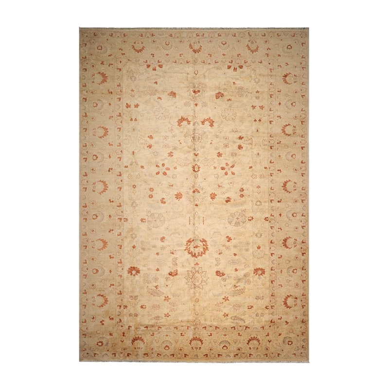 Hand Knotted Warm Beige Oushak Wool Traditional Oriental Area Rug - 12' 1'' x 17' 9''